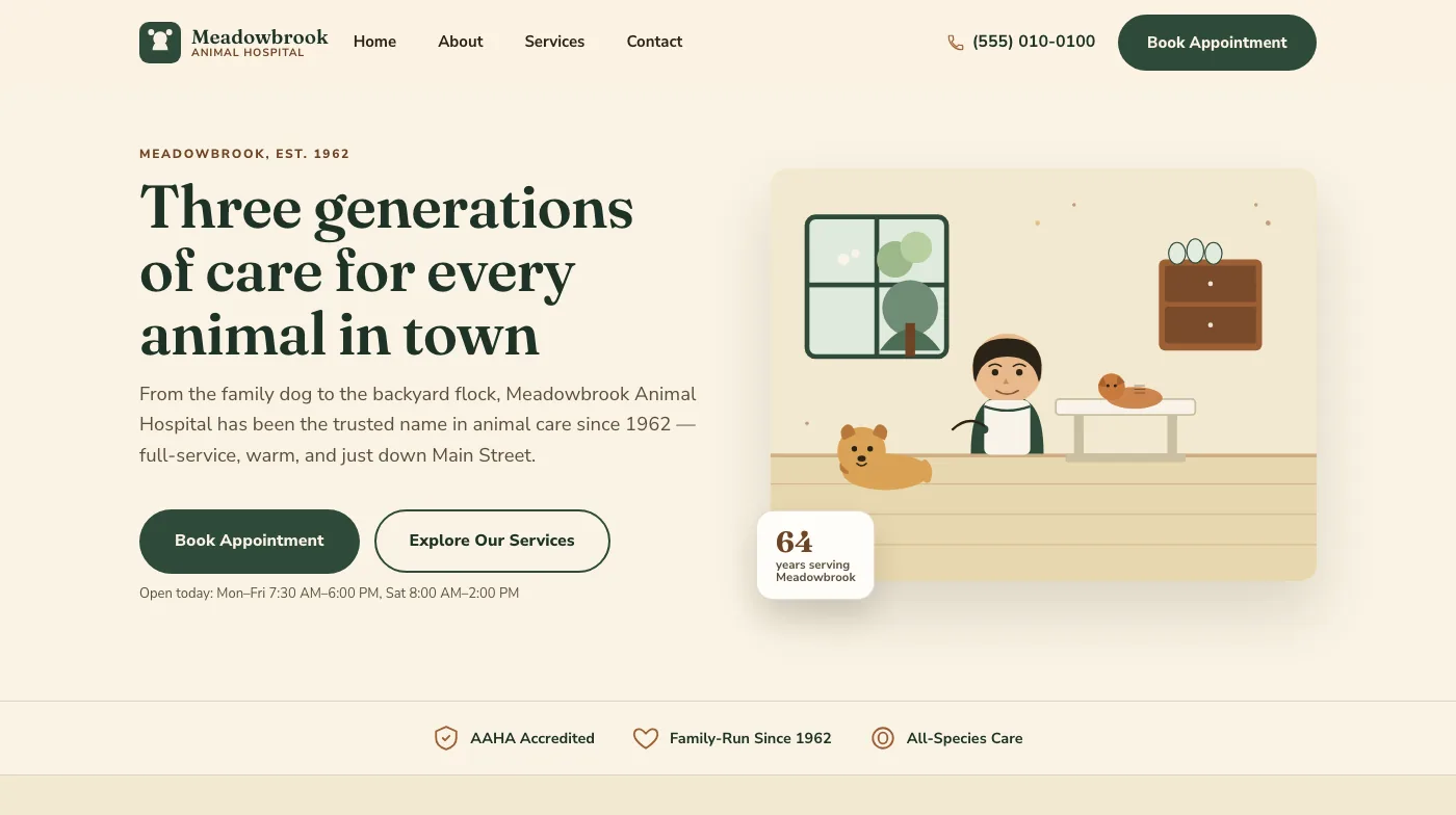 Meadowbrook Animal Hospital homepage — "Three generations of care for every animal in town" headline with Book Appointment and Explore Our Services buttons