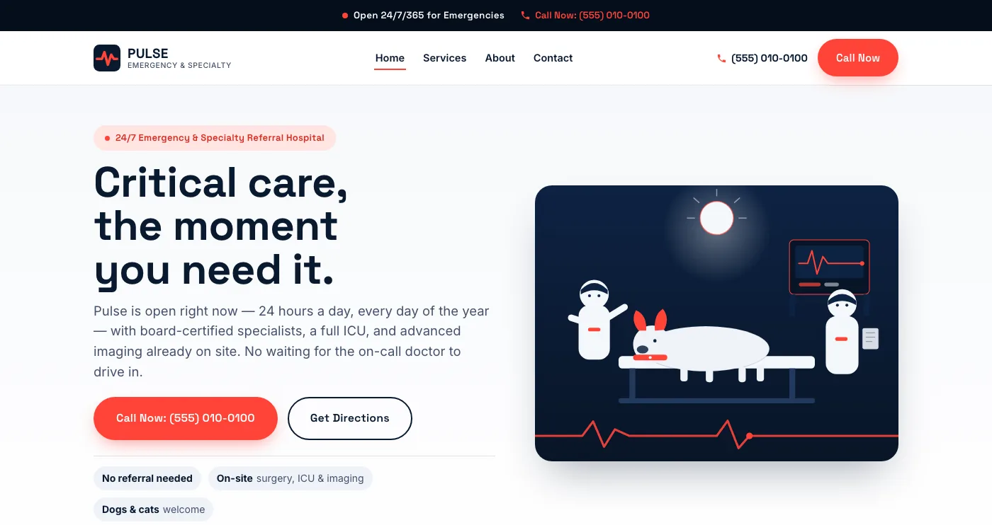 Pulse Veterinary Emergency & Specialty homepage — "Critical care, the moment you need it" headline with a 24/7 emergency banner and Call Now button